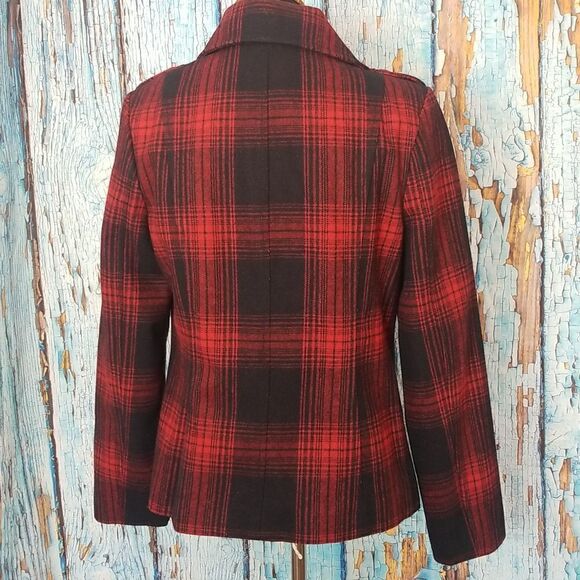 𝅺OLD Navy Wool Pea Coat Red and Navy Plaid - Picture 8 of 12